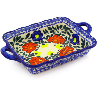 Polish Pottery Rectangular Baker with Handles 12&quot; Flower Party