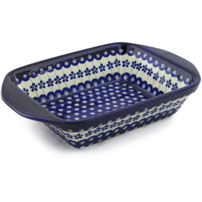 Polish Pottery Rectangular Baker with Handles 12&quot; Flowering Peacock