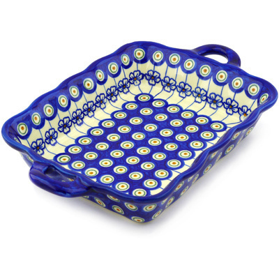 Polish Pottery Rectangular Baker with Handles 12&quot; Flowering Peacock