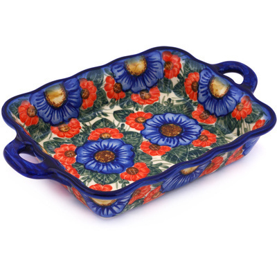 Polish Pottery Rectangular Baker with Handles 12&quot; Flowers In Bloom UNIKAT