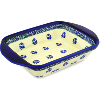Polish Pottery Rectangular Baker with Handles 12&quot; Forget Me Not Dots