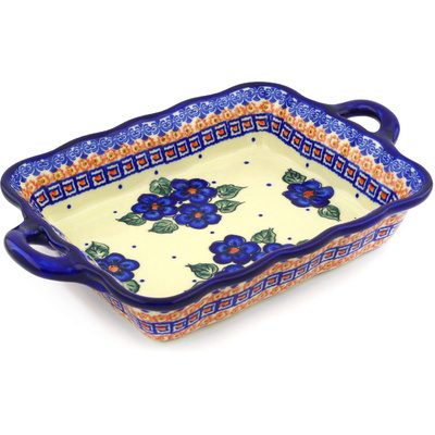 Polish Pottery Rectangular Baker with Handles 12&quot; Greek Poppies