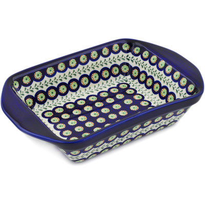 Polish Pottery Rectangular Baker with Handles 12&quot; Green Laurel Peacock