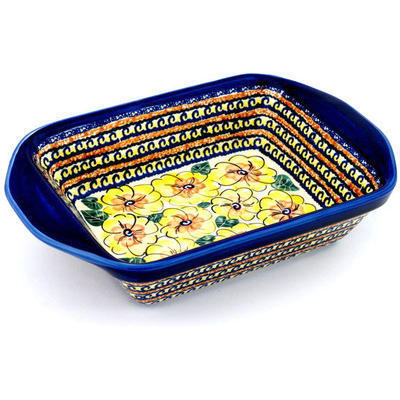 Polish Pottery Rectangular Baker with Handles 12&quot; Lemon Poppies UNIKAT