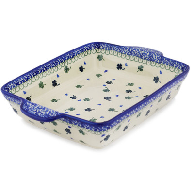 Polish Pottery Rectangular Baker with Handles 12" Lucky Clovers