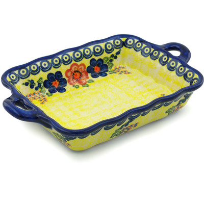 Polish Pottery Rectangular Baker with Handles 12&quot; Neon Poppies