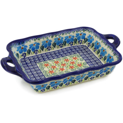 Polish Pottery Rectangular Baker with Handles 12&quot; Pansy Morning