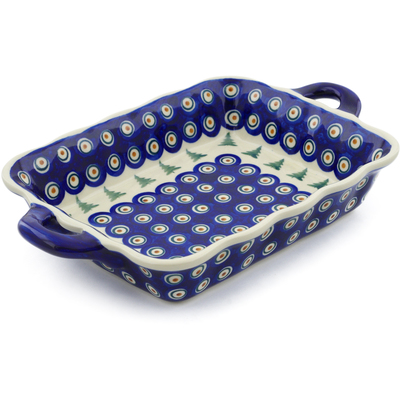 Polish Pottery Rectangular Baker with Handles 12&quot; Peacock Pines