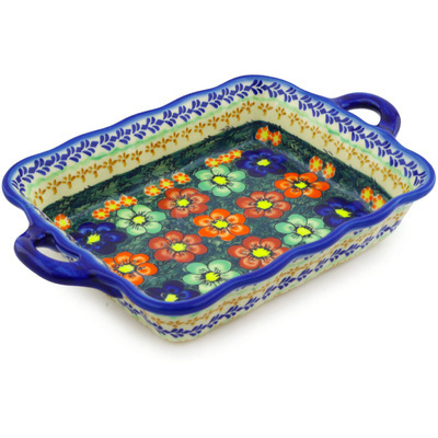 Polish Pottery Rectangular Baker with Handles 12&quot; Rainbow Poppies UNIKAT