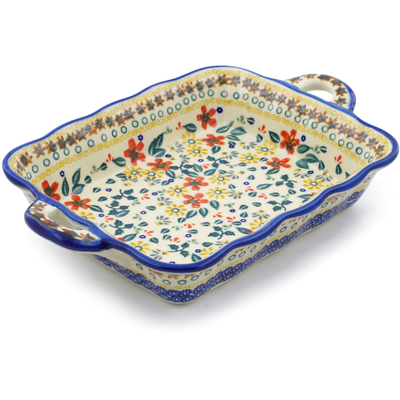 Polish Pottery Rectangular Baker with Handles 12&quot; Red Anemone Meadow UNIKAT