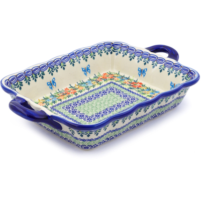 Polish Pottery Rectangular Baker with Handles 12&quot; Ring Of Flowers UNIKAT