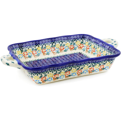 Polish Pottery Rectangular Baker with Handles 12&quot; Spring Flower Ring