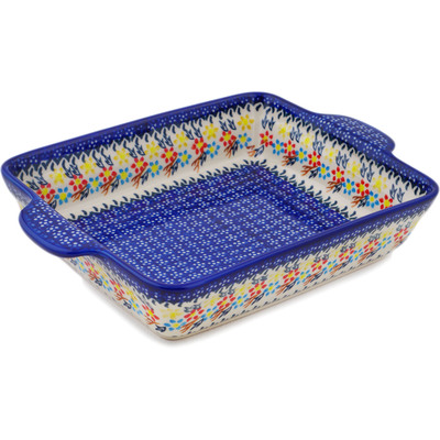 Polish Pottery Rectangular Baker with Handles 12" Spring Flower Ring