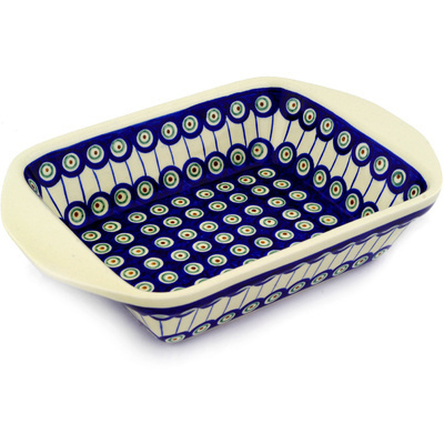 Polish Pottery Rectangular Baker with Handles 12&quot; Traditional Peacock