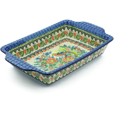 Polish Pottery Rectangular Baker with Handles 13&quot; Bird Of Paradise UNIKAT