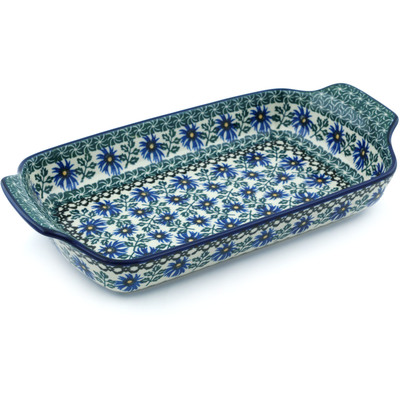Polish Pottery Rectangular Baker with Handles 13&quot; Blue Chicory