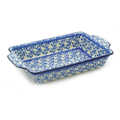 Polish Pottery Rectangular Baker with Handles 13&quot; Blue Floral Lace