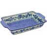 Polish Pottery Rectangular Baker with Handles 13&quot; Blue Pansy