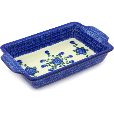 Polish Pottery Rectangular Baker with Handles 13&quot; Blue Poppies