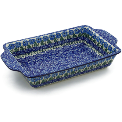 Polish Pottery Rectangular Baker with Handles 13" Blue Rosette Wreath