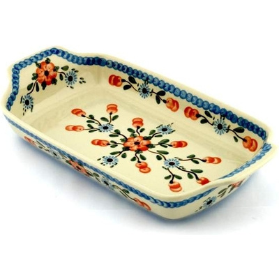 Polish Pottery Rectangular Baker with Handles 13&quot; Cherry Blossoms