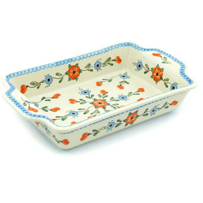 Polish Pottery Rectangular Baker with Handles 13&quot; Cherry Blossoms