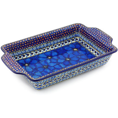 Polish Pottery Rectangular Baker with Handles 13&quot; Cobalt Poppies UNIKAT