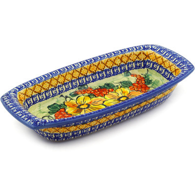 Polish Pottery Rectangular Baker with Handles 13&quot; Colorful Bouquet UNIKAT