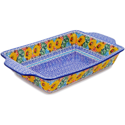 Polish Pottery Rectangular Baker with Handles 13&quot; Enchanted Spring UNIKAT