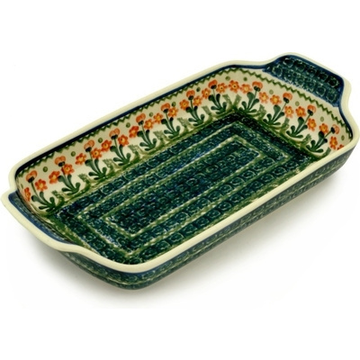 Polish Pottery Rectangular Baker with Handles 13&quot; Peach Spring Daisy