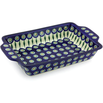 Polish Pottery Rectangular Baker with Handles 13&quot; Peacock Leaves