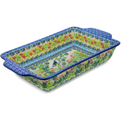 Polish Pottery Rectangular Baker with Handles 13&quot; Pretty Parula UNIKAT