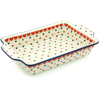 Polish Pottery Rectangular Baker with Handles 13&quot; Red Hearts Delight