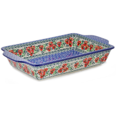 Polish Pottery Rectangular Baker with Handles 13&quot; Red Pansy
