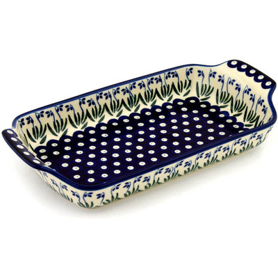 Polish Pottery Rectangular Baker with Handles 13&quot; Springing Fan Flowers