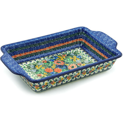 Polish Pottery Rectangular Baker with Handles 13" Wild Garden UNIKAT