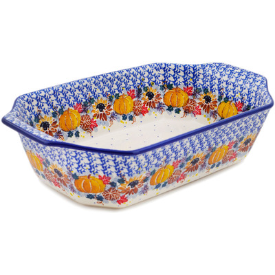 Polish Pottery Rectangular Baker with Handles 14&quot; Autumn Falling Leaves UNIKAT