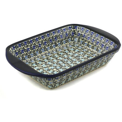 Polish Pottery Rectangular Baker with Handles 14&quot; Black And Blue Lace