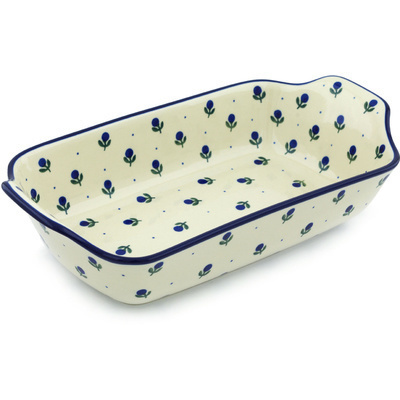 Polish Pottery Rectangular Baker with Handles 14" Blue Buds