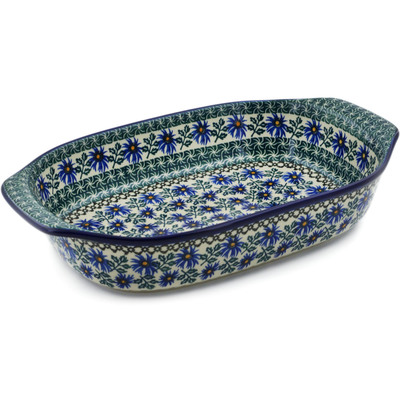 Polish Pottery Rectangular Baker with Handles 14&quot; Blue Chicory