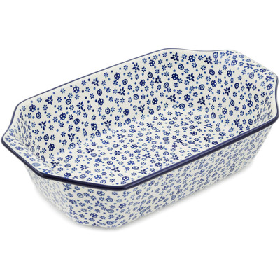 Polish Pottery Rectangular Baker with Handles 14&quot; Blue Confetti