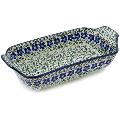 Polish Pottery Rectangular Baker with Handles 14&quot; Blue Dogwood