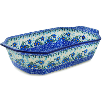 Polish Pottery Rectangular Baker with Handles 14&quot; Blue Joy