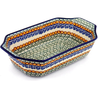 Polish Pottery Rectangular Baker with Handles 14&quot; Blue Leaves