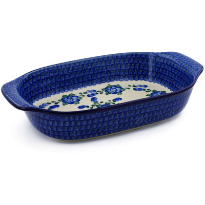 Polish Pottery Rectangular Baker with Handles 14" Blue Poppies