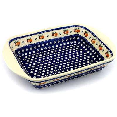 Polish Pottery Rectangular Baker with Handles 14" Country Apple Peacock