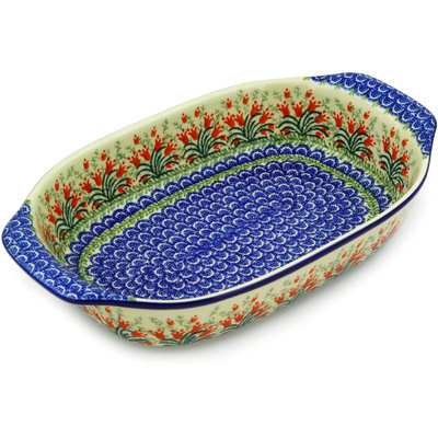 Polish Pottery Rectangular Baker with Handles 14" Crimson Bells
