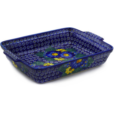 Polish Pottery Rectangular Baker with Handles 14&quot; Floral Fruit Basket UNIKAT