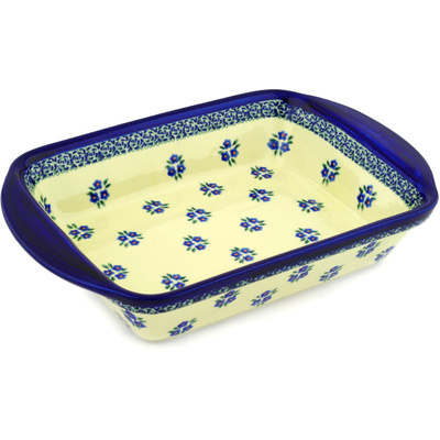 Polish Pottery Rectangular Baker with Handles 14&quot; Forget Me Not Dots