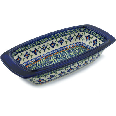 Polish Pottery Rectangular Baker with Handles 14&quot; Gingham Flowers